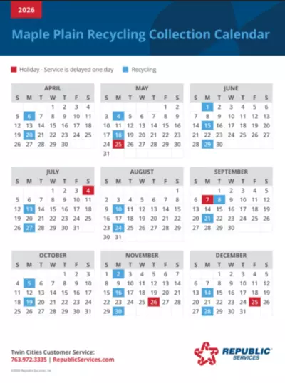 Revised 2026 Maple Plain Recycling Calendar