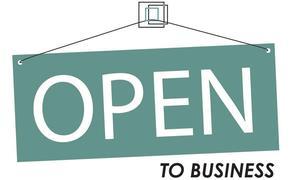 Green sign with white text reading open with to business underneath