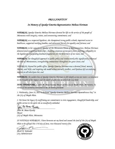 Proclamation: In Memory of Speaker Emerita Representative Melissa Hortman